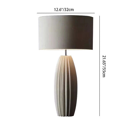 Contemporary Scandinavian Distressed Cylinder Round Fabric Ceramic 1-Light Table Lamp For Living Room