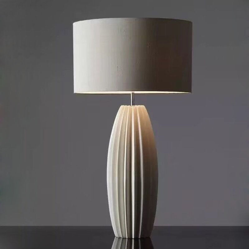 Contemporary Scandinavian Distressed Cylinder Round Fabric Ceramic 1-Light Table Lamp For Living Room