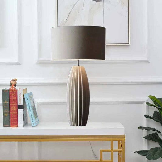 Contemporary Scandinavian Distressed Cylinder Round Fabric Ceramic 1-Light Table Lamp For Living Room