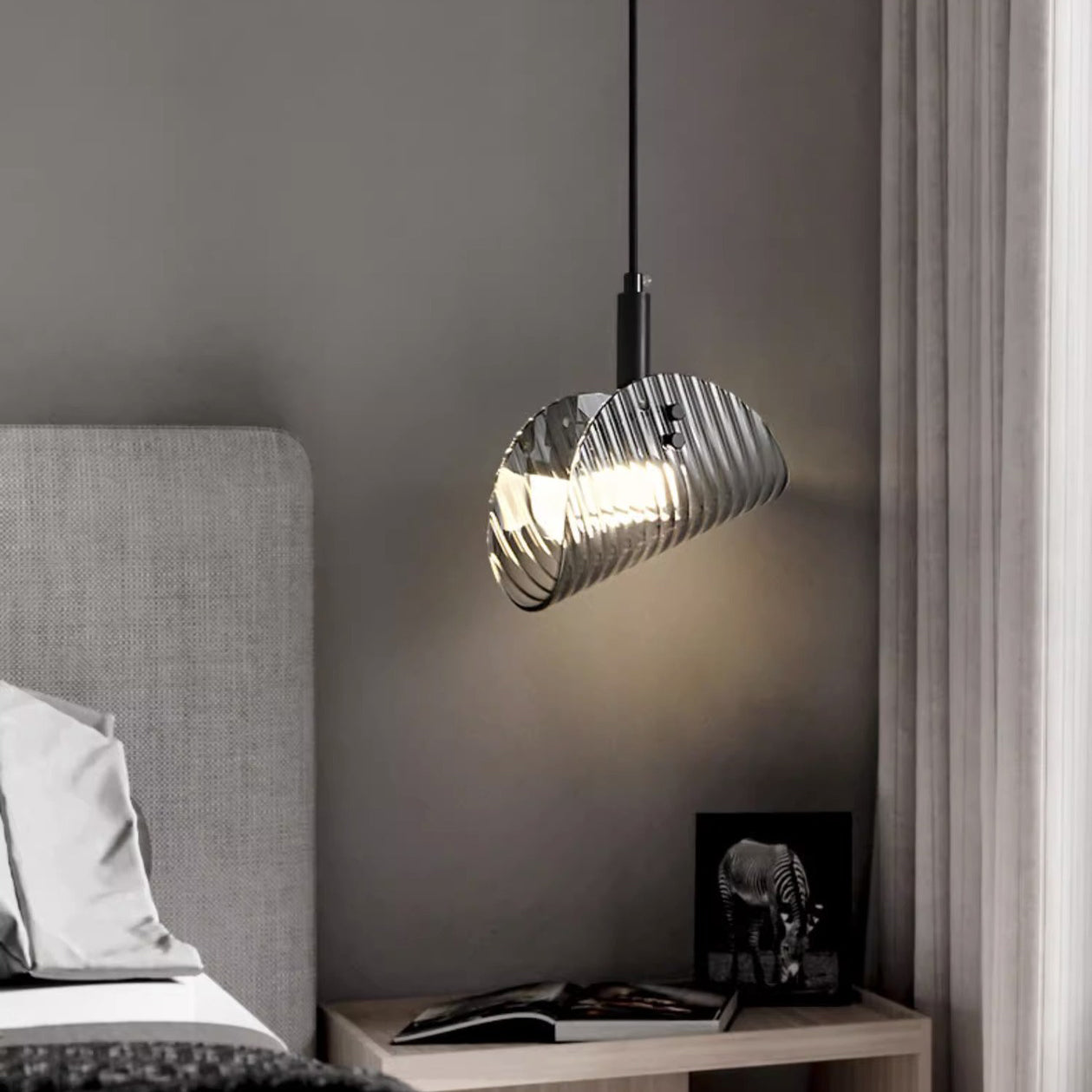 Contemporary Scandinavian Curved Arch Glass Hardware LED Pendant Light For Bedroom