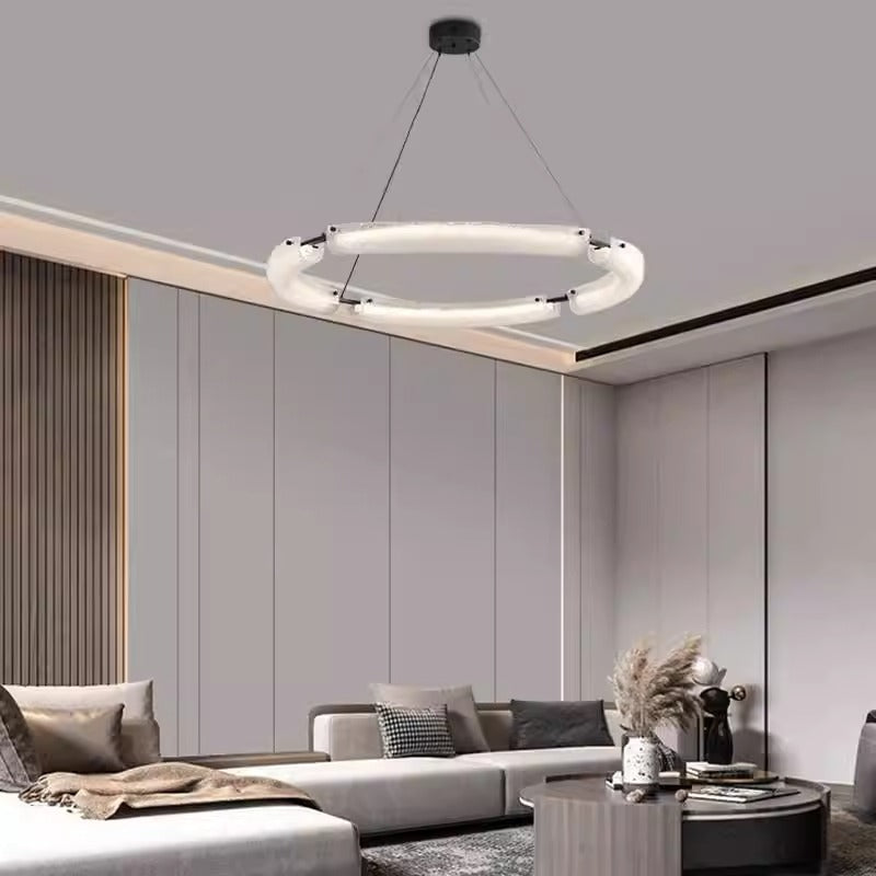 ثريا جزيرة LED دائرية معاصرة من الأكريليك والنحاس لغرفة المعيشة 