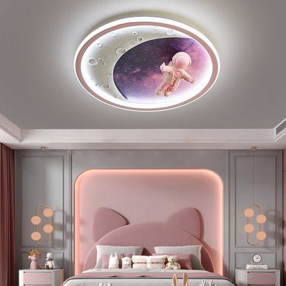 Modern Art Deco Round Astronaut Planet Acrylic Resin Iron LED Flush Mount Ceiling Light For Bedroom