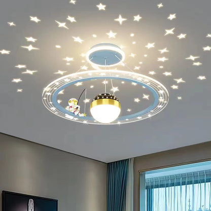 Modern Minimalist Kids Astronaut Stars Round Orb PC Wood LED Chandelier For Living Room
