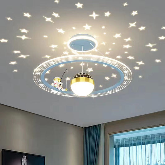 Modern Minimalist Kids Astronaut Stars Round Orb PC Wood LED Chandelier For Living Room