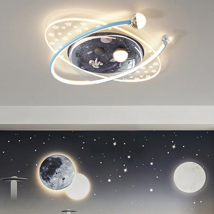 Contemporary Creative Kids Star Astronaut Oval Round PVC Resin Iron LED Flush Mount Ceiling Light For Bedroom