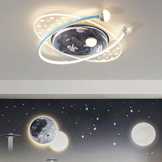 Contemporary Creative Kids Star Astronaut Oval Round PVC Resin Iron LED Flush Mount Ceiling Light For Bedroom