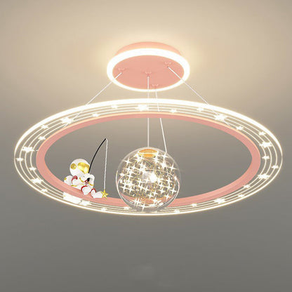 Modern Art Deco Kids Astronaut Planet Round Acrylic Iron LED Chandelier For Living Room