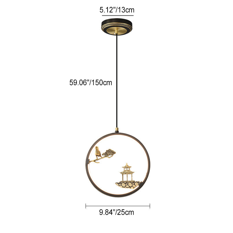 Traditional Chinese Bird Flower Pavilion Round Silicone Brass LED Pendant Light For Living Room
