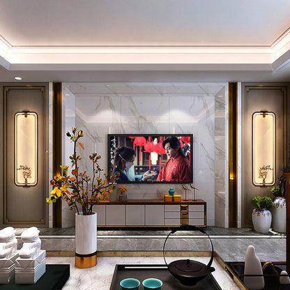 Traditional Chinese Rectangle Fairy Deer Apricot Leaf Marble Copper LED Wall Sconce Lamp For Living Room