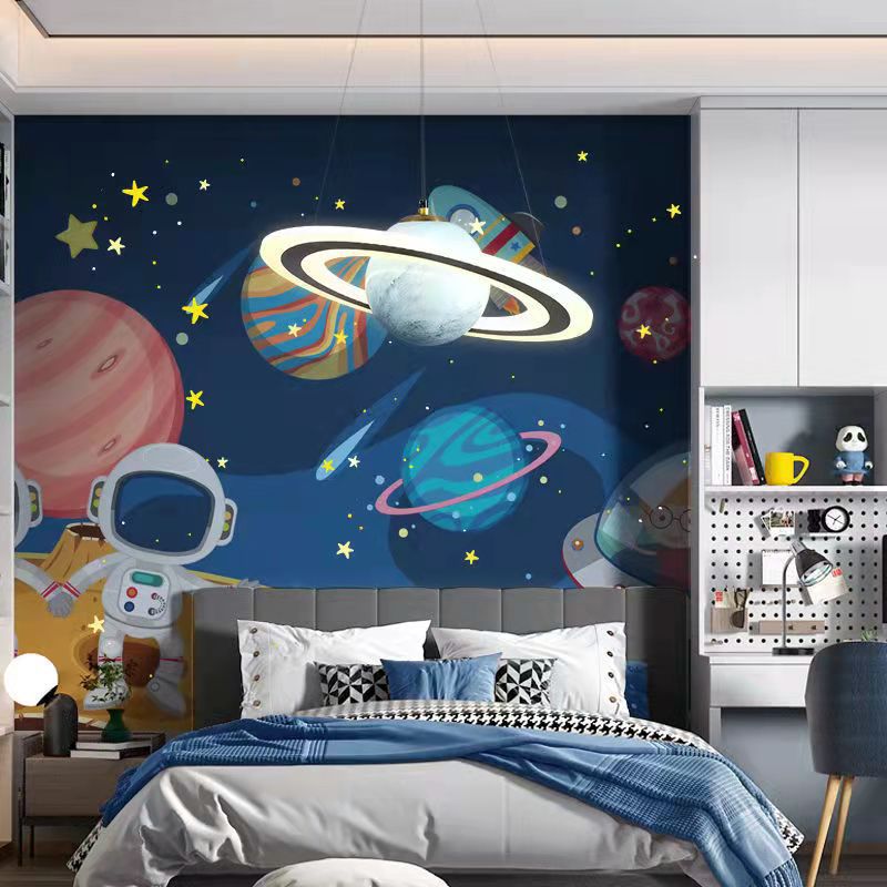 Modern Art Deco Kids Round Planet Spaceman Acrylic Iron LED Chandelier For Living Room