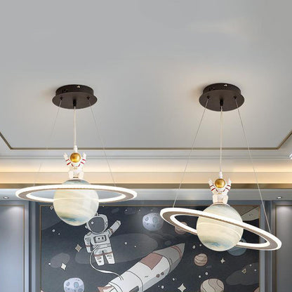 Modern Art Deco Kids Round Planet Spaceman Acrylic Iron LED Chandelier For Living Room