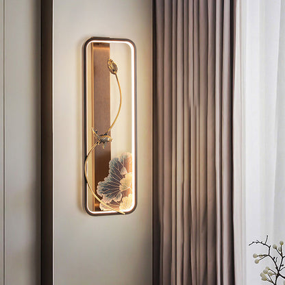 Traditional Chinese Lotus Rectangle Fish Wood Bronze LED Wall Sconce Lamp For Living Room