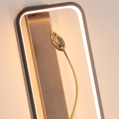 Traditional Chinese Lotus Rectangle Fish Wood Bronze LED Wall Sconce Lamp For Living Room