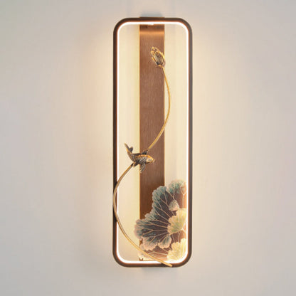 Traditional Chinese Lotus Rectangle Fish Wood Bronze LED Wall Sconce Lamp For Living Room