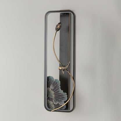 Traditional Chinese Lotus Rectangle Fish Wood Bronze LED Wall Sconce Lamp For Living Room