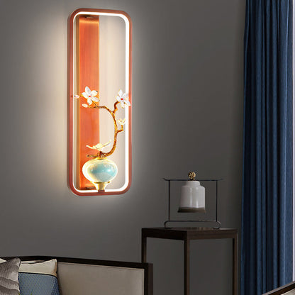 Traditional Chinese Orchid Leaf Rectangle Zinc Alloy Copper LED Wall Sconce Lamp For Living Room