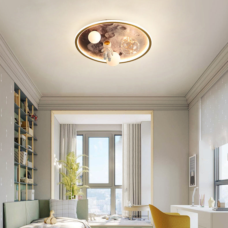 Modern Art Deco Kids Astronaut Planet Orb Round Acrylic Iron LED Flush Mount Ceiling Light For Bedroom