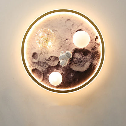 Modern Art Deco Kids Astronaut Planet Orb Round Acrylic Iron LED Flush Mount Ceiling Light For Bedroom