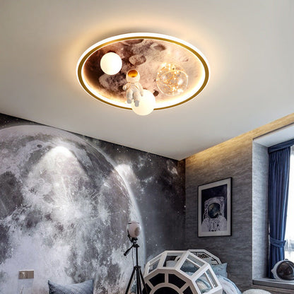Modern Art Deco Kids Astronaut Planet Orb Round Acrylic Iron LED Flush Mount Ceiling Light For Bedroom