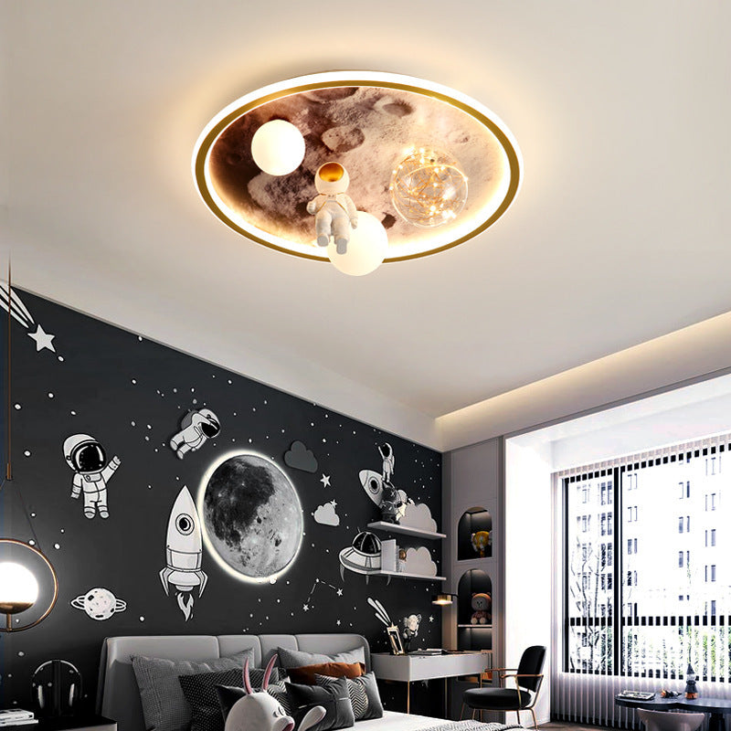 Modern Art Deco Kids Astronaut Planet Orb Round Acrylic Iron LED Flush Mount Ceiling Light For Bedroom