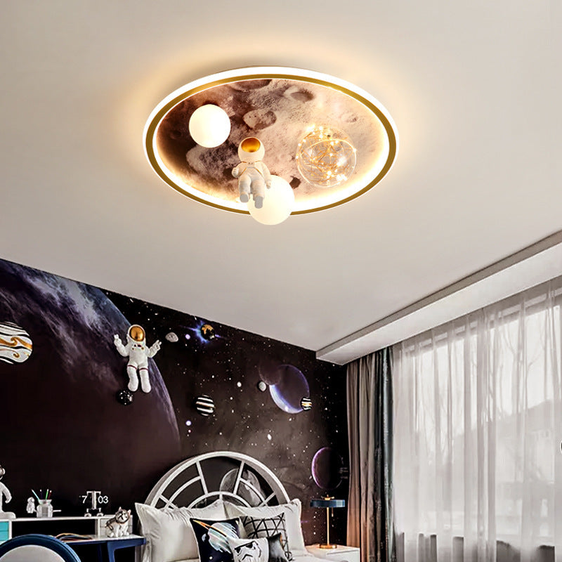 Modern Art Deco Kids Astronaut Planet Orb Round Acrylic Iron LED Flush Mount Ceiling Light For Bedroom