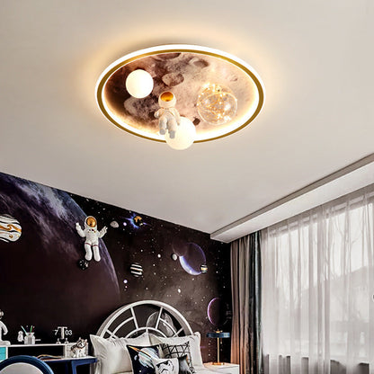 Modern Art Deco Kids Astronaut Planet Orb Round Acrylic Iron LED Flush Mount Ceiling Light For Bedroom