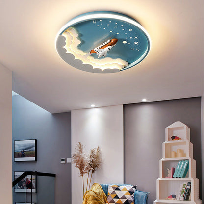 Modern Art Deco Kids Unicorn Rocket Round Silicone Iron LED Flush Mount Ceiling Light For Living Room