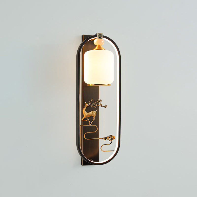 Traditional Chinese Deer Cylinder Oval Glass Jade Brass LED Wall Sconce Lamp For Living Room