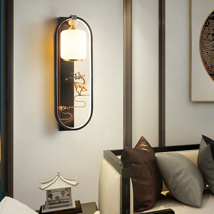Traditional Chinese Deer Cylinder Oval Glass Jade Brass LED Wall Sconce Lamp For Living Room