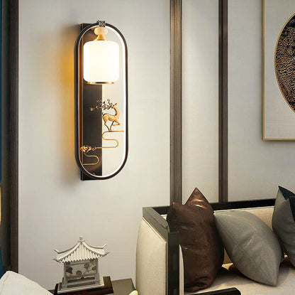Traditional Chinese Deer Cylinder Oval Glass Jade Brass LED Wall Sconce Lamp For Living Room
