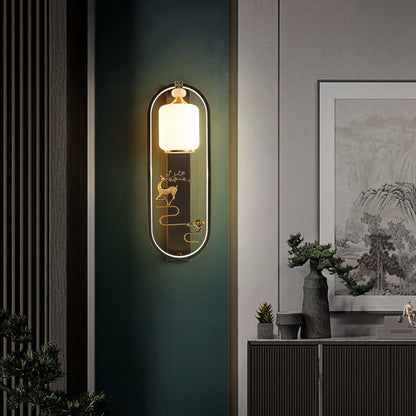 Traditional Chinese Deer Cylinder Oval Glass Jade Brass LED Wall Sconce Lamp For Living Room