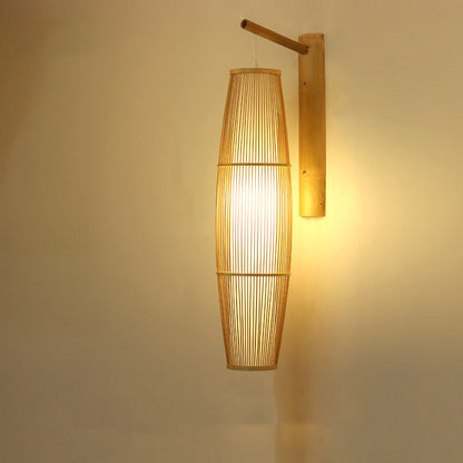 Traditional Chinese Cylinder Round PVC Wood 1-Light Wall Sconce Lamp For Living Room