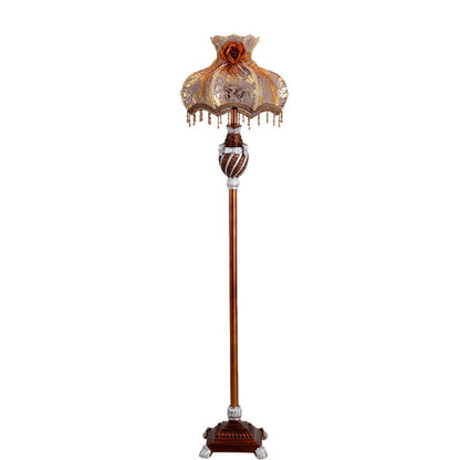 Traditional Japanese Umbrella Pendant Round Fabric Resin 1-Light Standing Floor Lamp For Living Room