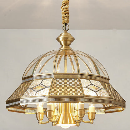 Contemporary Scandinavian Round Patterned Figure Glass Copper 5-Light Chandelier For Living Room