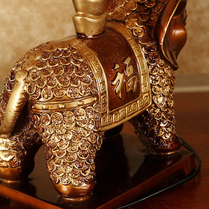 Traditional Vintage Elephant Round Fabric Resin 1-Light Table Lamp For Living Room