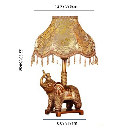 Traditional Vintage Elephant Round Fabric Resin 1-Light Table Lamp For Living Room