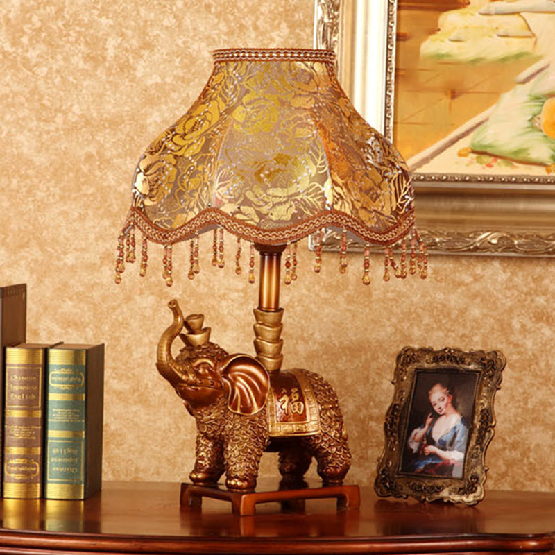 Traditional Vintage Elephant Round Fabric Resin 1-Light Table Lamp For Living Room