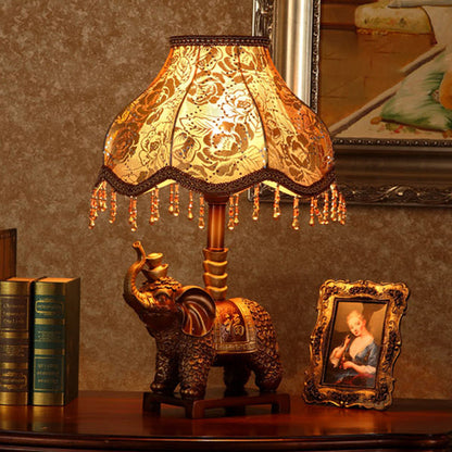 Traditional Vintage Elephant Round Fabric Resin 1-Light Table Lamp For Living Room