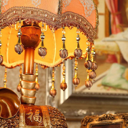 Traditional Vintage Elephant Round Fabric Resin 1-Light Table Lamp For Living Room