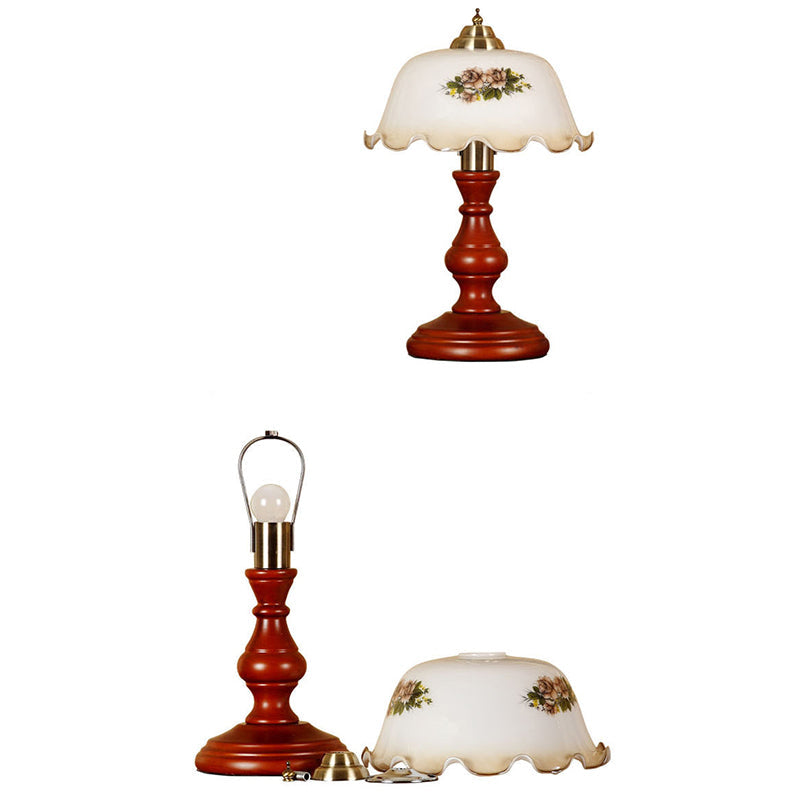 Traditional Vintage Round Cylinder Pendant Flower Fabric Glass Wood 1-Light Table Lamp For Living Room