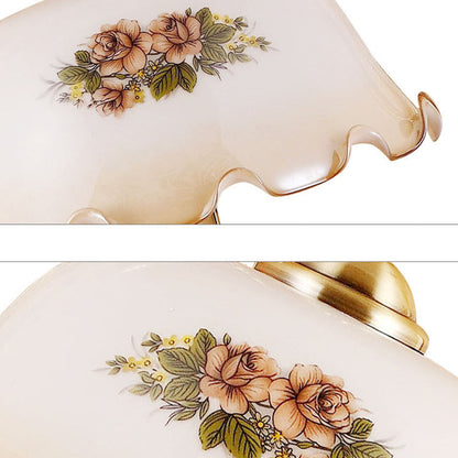 Traditional Vintage Round Cylinder Pendant Flower Fabric Glass Wood 1-Light Table Lamp For Living Room