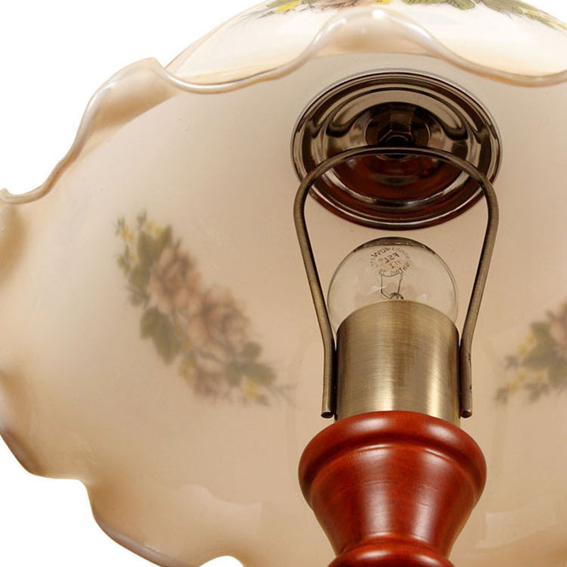 Traditional Vintage Round Cylinder Pendant Flower Fabric Glass Wood 1-Light Table Lamp For Living Room