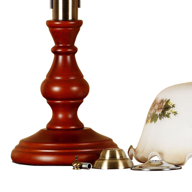 Traditional Vintage Round Cylinder Pendant Flower Fabric Glass Wood 1-Light Table Lamp For Living Room