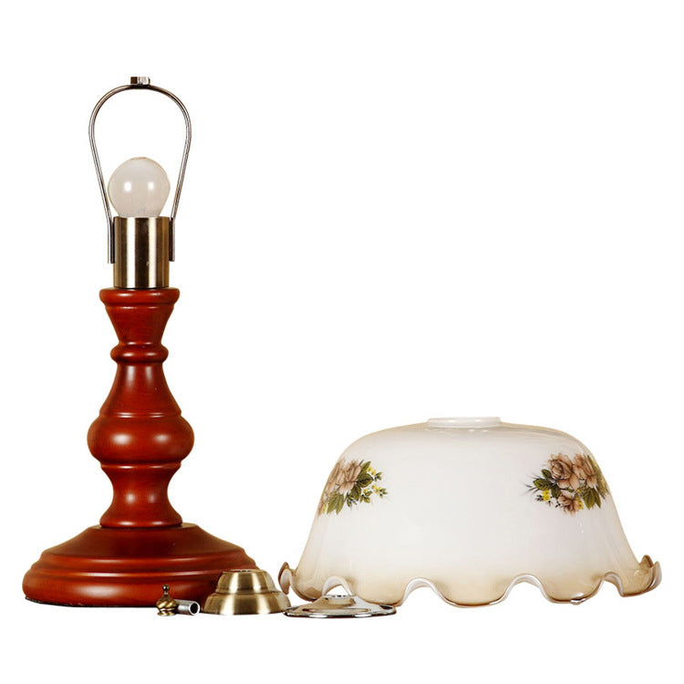 Traditional Vintage Round Cylinder Pendant Flower Fabric Glass Wood 1-Light Table Lamp For Living Room