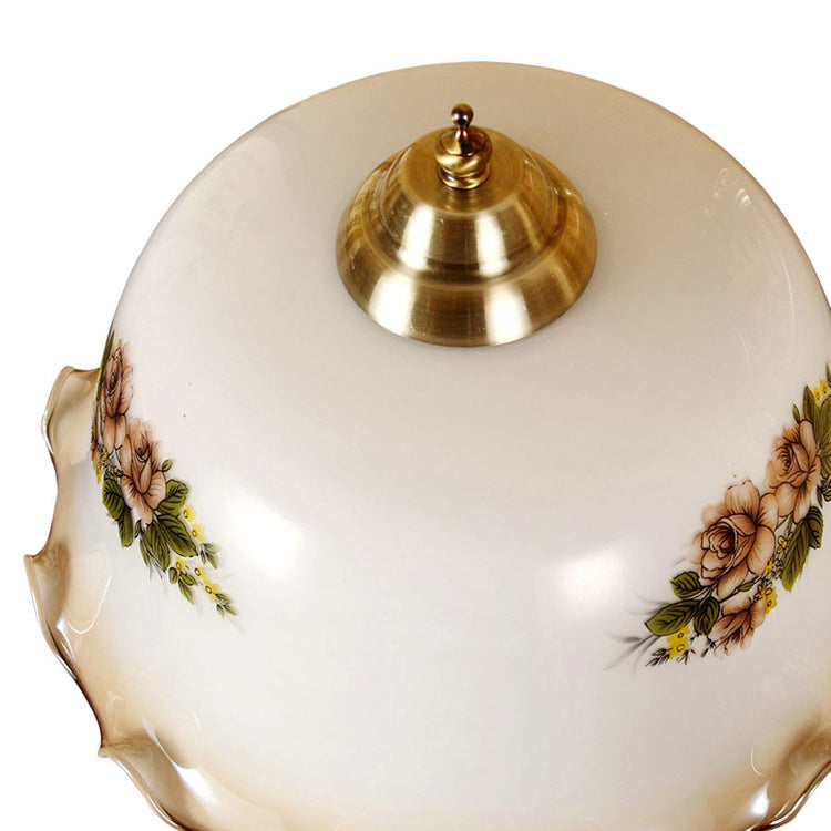 Traditional Vintage Round Cylinder Pendant Flower Fabric Glass Wood 1-Light Table Lamp For Living Room