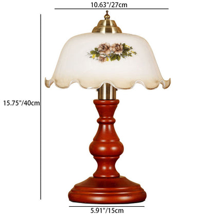Traditional Vintage Round Cylinder Pendant Flower Fabric Glass Wood 1-Light Table Lamp For Living Room