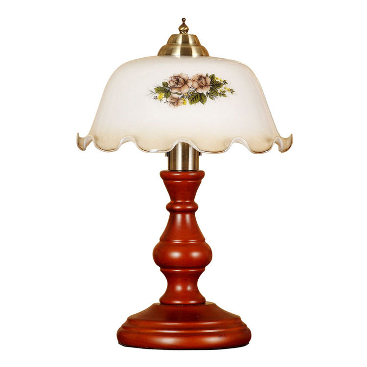 Traditional Vintage Round Cylinder Pendant Flower Fabric Glass Wood 1-Light Table Lamp For Living Room