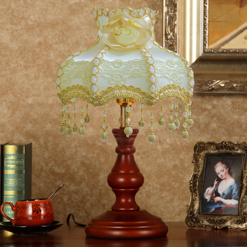 Traditional Vintage Round Cylinder Pendant Flower Fabric Glass Wood 1-Light Table Lamp For Living Room