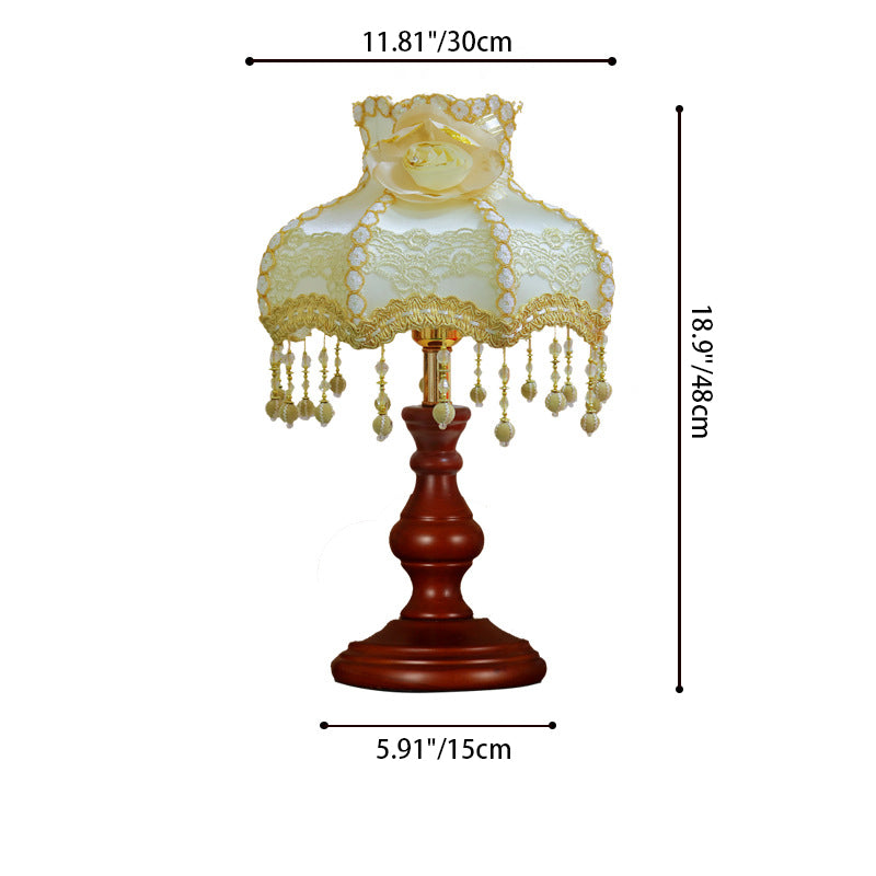 Traditional Vintage Round Cylinder Pendant Flower Fabric Glass Wood 1-Light Table Lamp For Living Room