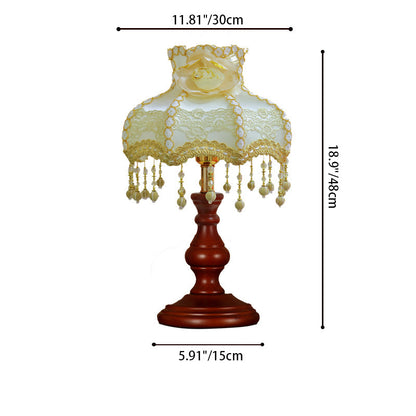 Traditional Vintage Round Cylinder Pendant Flower Fabric Glass Wood 1-Light Table Lamp For Living Room
